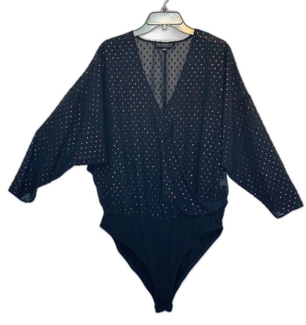 Eloquii Size 16 Black Sheer Shimmering Swiss Dot Long Sleeve Bodysuit Feminine